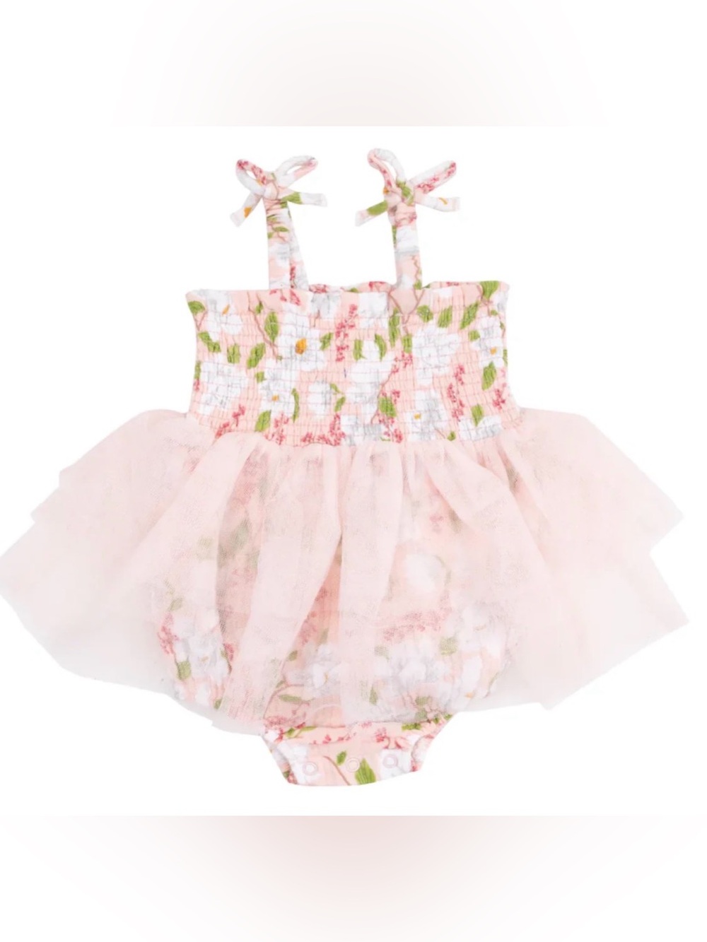 Magnolia Tutu Bubble Romper Smocked Bow Tie Straps & Tulle Skirt